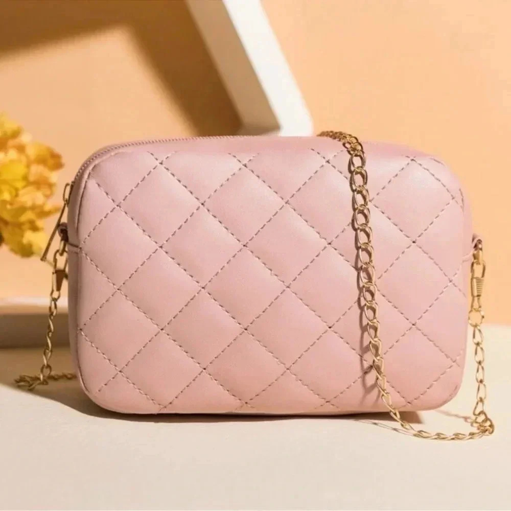 Pink Quilted Gold Chain Crossbody Purse